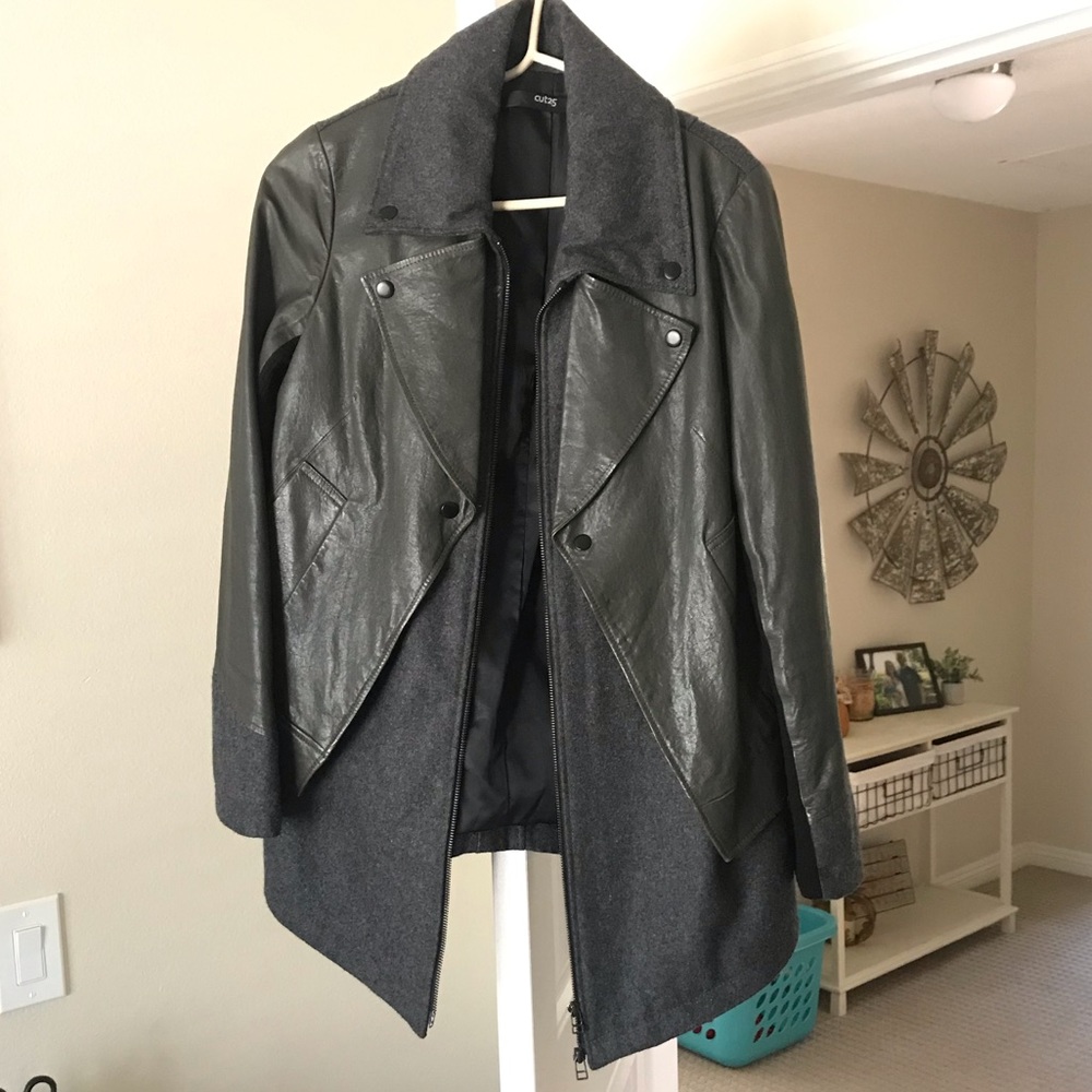 Gray leather & wool coat